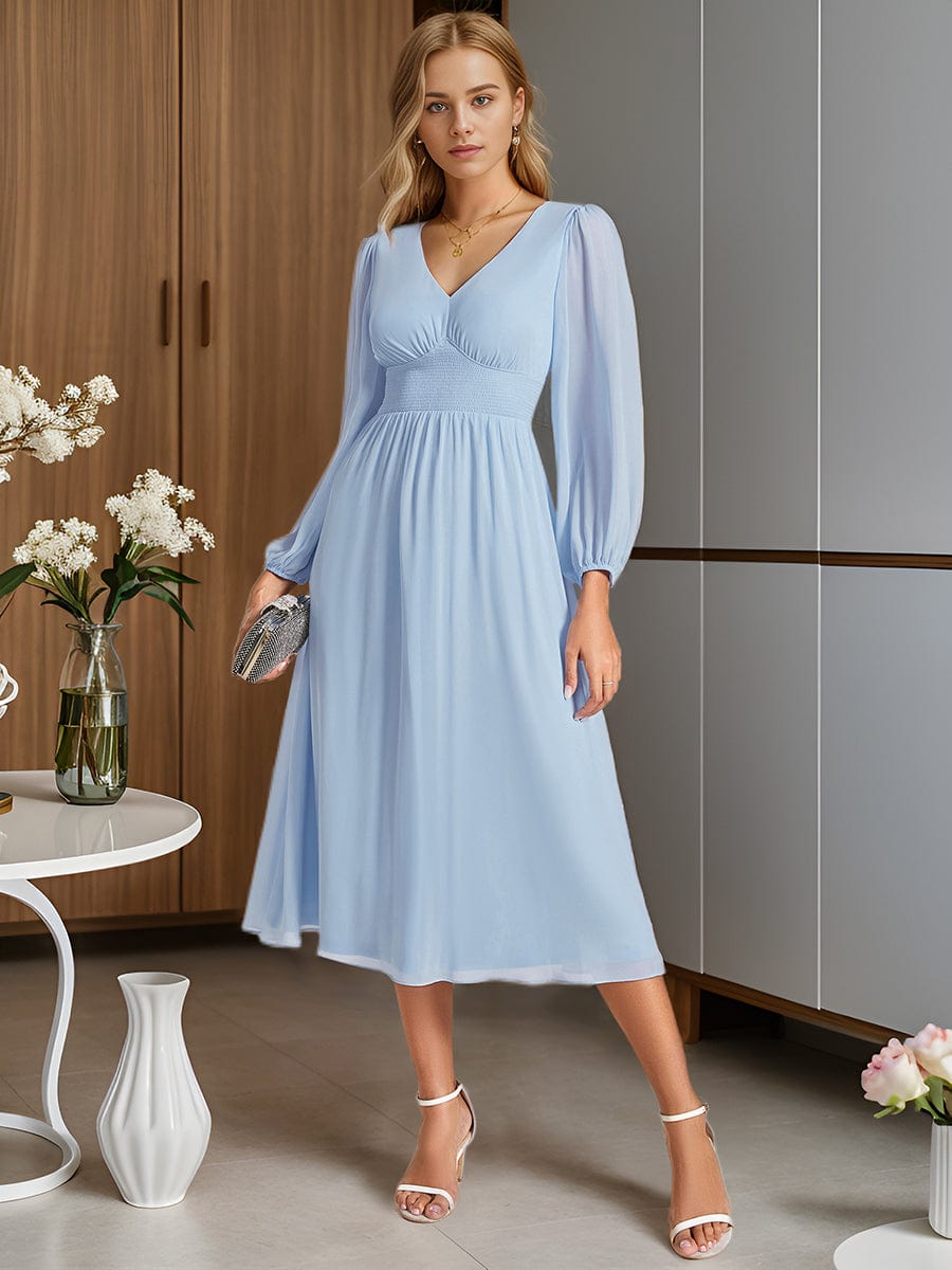 Chiffon V-Neck Long Sleeves Elastic Band Midi Wedding Guest Dress Mother of the Bride Dresses