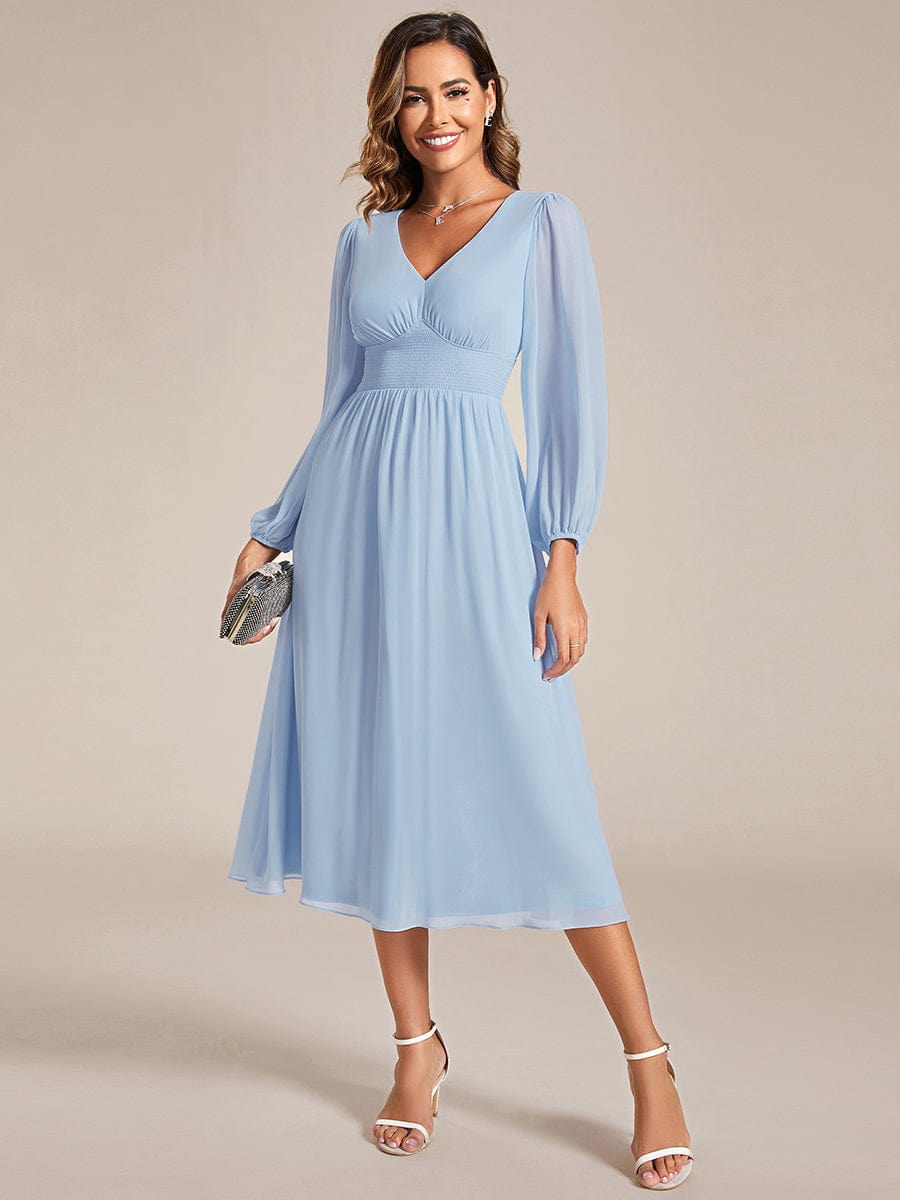 Chiffon V-Neck Long Sleeves Elastic Band Midi Wedding Guest Dress Mother of the Bride Dresses