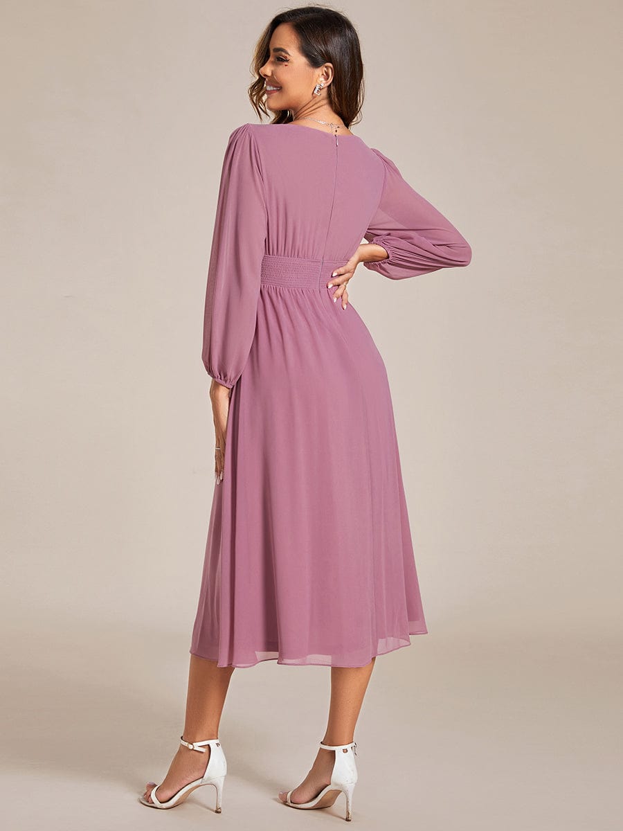 Chiffon V-Neck Long Sleeves Elastic Band Midi Wedding Guest Dress Mother of the Bride Dresses