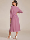 Chiffon V-Neck Long Sleeves Elastic Band Midi Wedding Guest Dress Mother of the Bride Dresses
