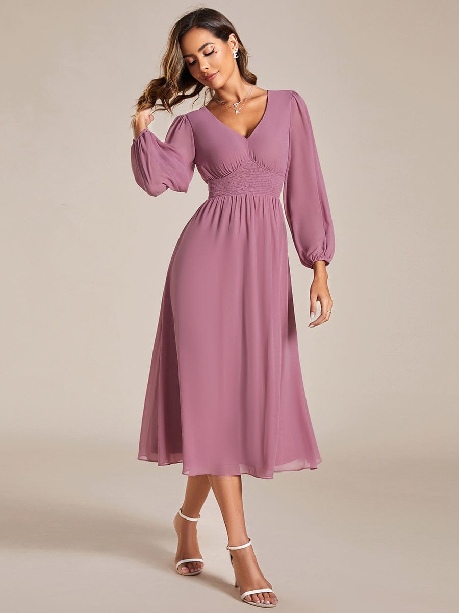 Chiffon V-Neck Long Sleeves Elastic Band Midi Wedding Guest Dress Mother of the Bride Dresses