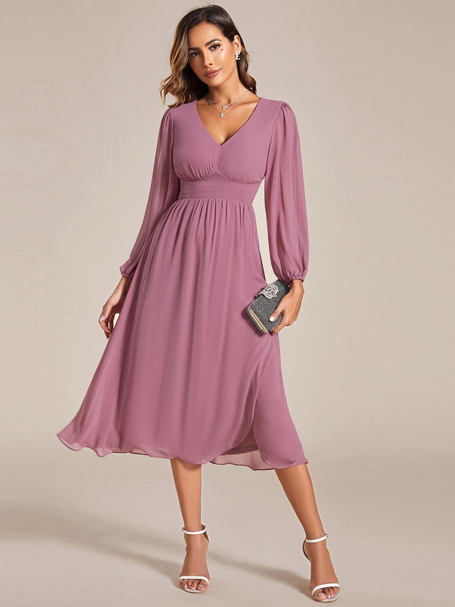 Chiffon V-Neck Long Sleeves Elastic Band Midi Wedding Guest Dress Mother of the Bride Dresses