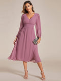 Chiffon V-Neck Long Sleeves Elastic Band Midi Wedding Guest Dress Mother of the Bride Dresses