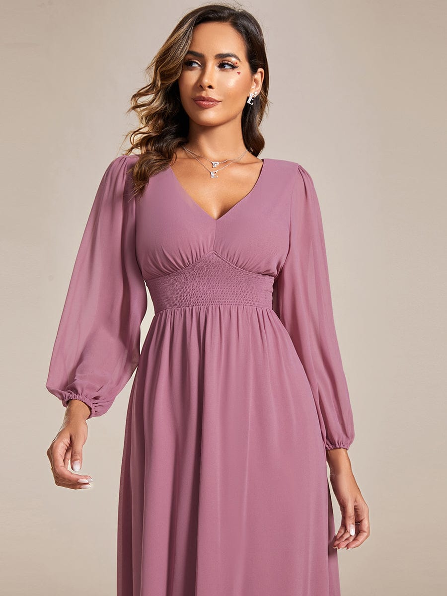 Chiffon V-Neck Long Sleeves Elastic Band Midi Wedding Guest Dress Mother of the Bride Dresses