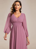 Chiffon V-Neck Long Sleeves Elastic Band Midi Wedding Guest Dress Mother of the Bride Dresses