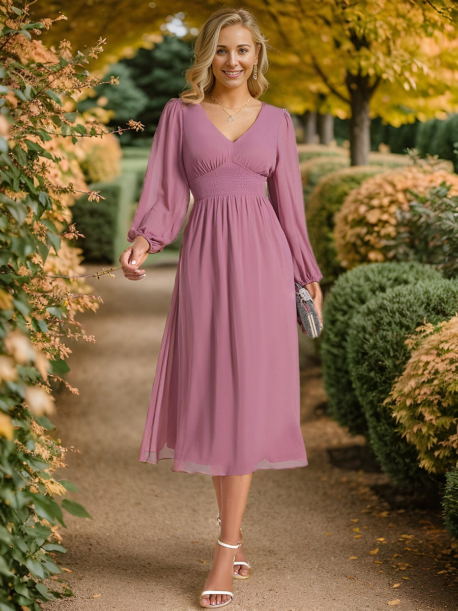 Chiffon V-Neck Long Sleeves Elastic Band Midi Wedding Guest Dress Mother of the Bride Dresses