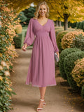 Chiffon V-Neck Long Sleeves Elastic Band Midi Wedding Guest Dress Mother of the Bride Dresses