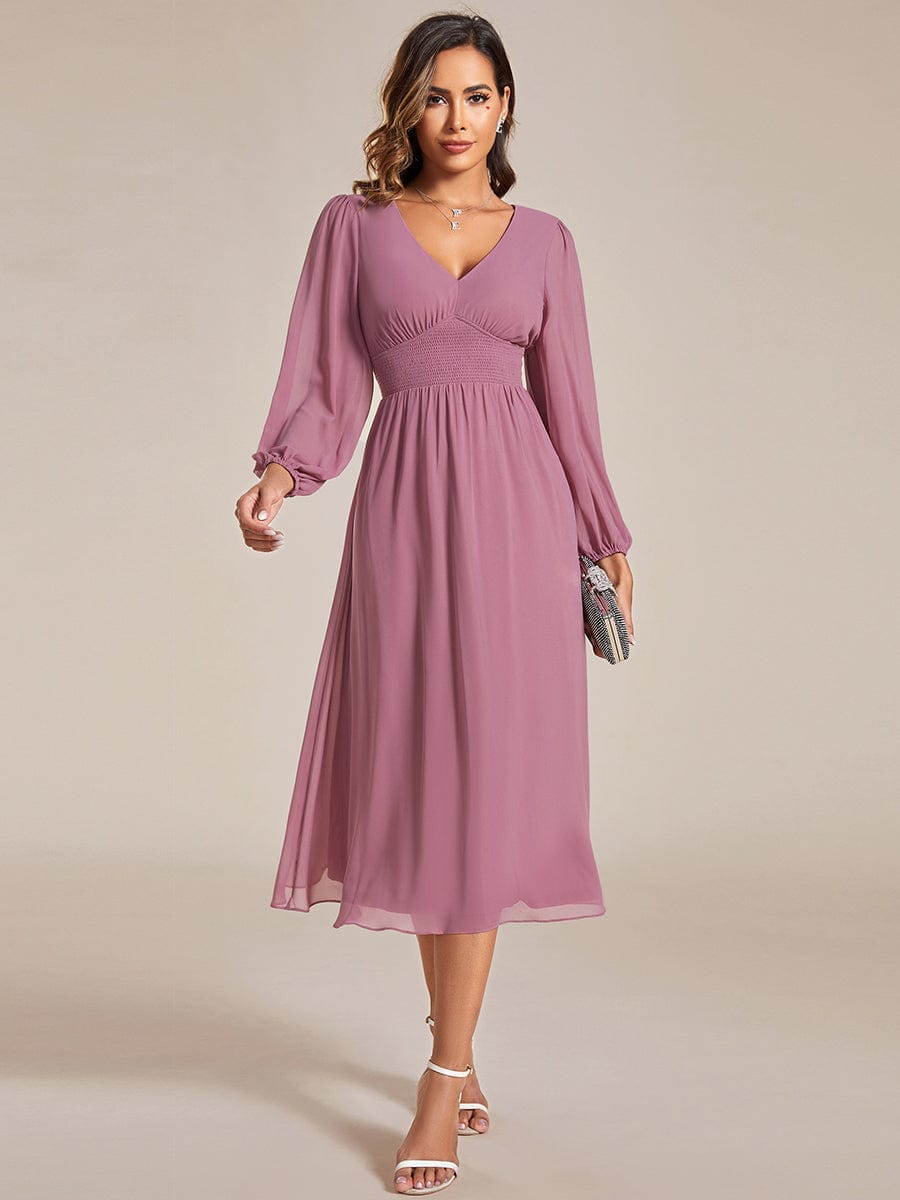 Chiffon V-Neck Long Sleeves Elastic Band Midi Wedding Guest Dress Mother of the Bride Dresses