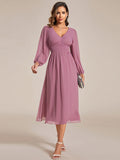 Chiffon V-Neck Long Sleeves Elastic Band Midi Wedding Guest Dress Mother of the Bride Dresses