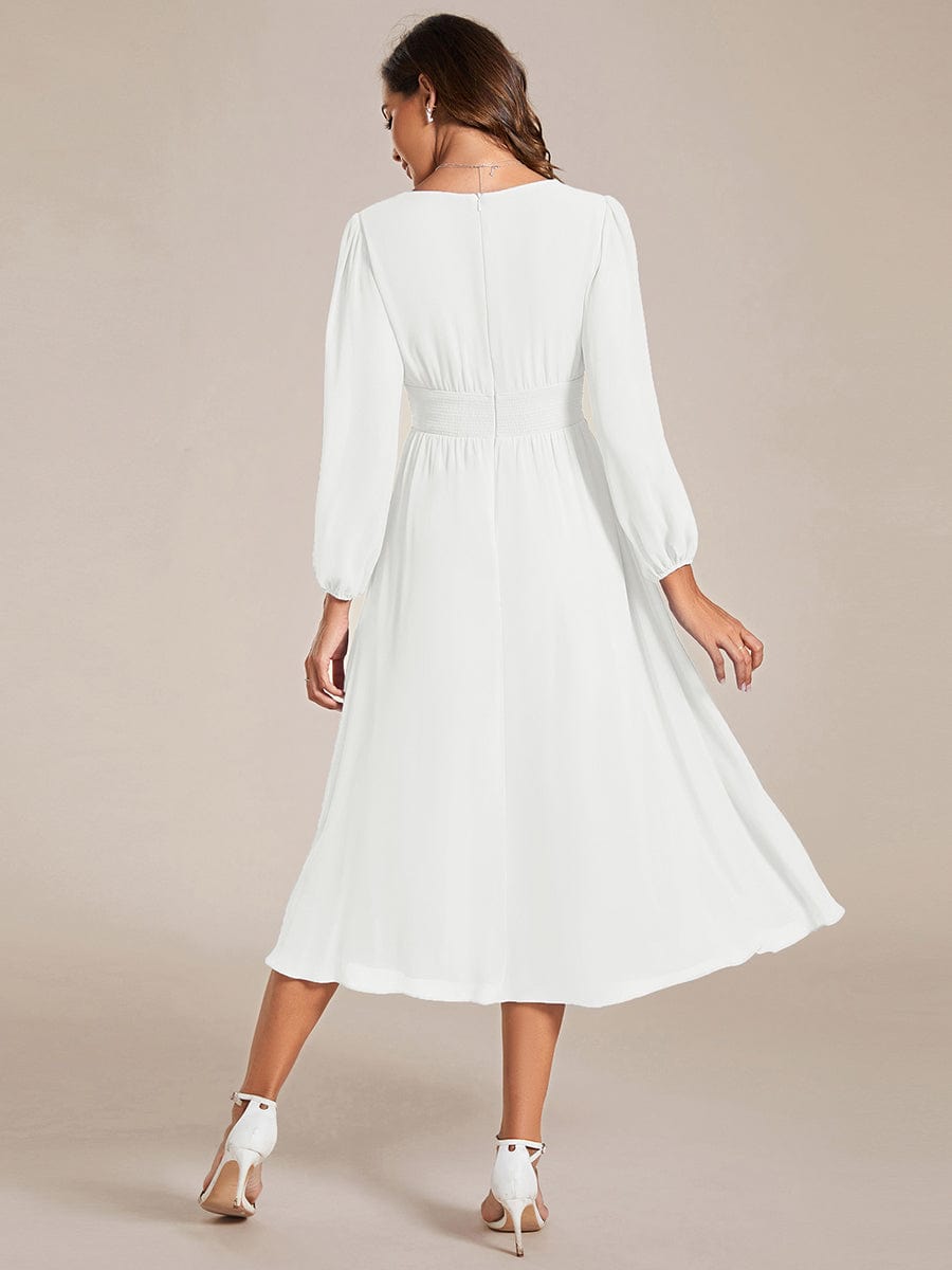 Chiffon V-Neck Long Sleeves Elastic Band Midi Wedding Guest Dress Mother of the Bride Dresses