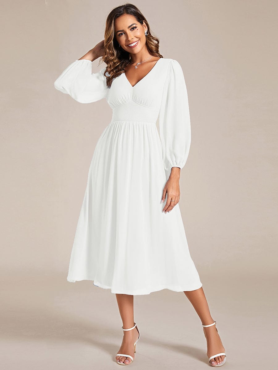 Chiffon V-Neck Long Sleeves Elastic Band Midi Wedding Guest Dress Mother of the Bride Dresses