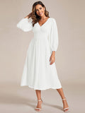 Chiffon V-Neck Long Sleeves Elastic Band Midi Wedding Guest Dress Mother of the Bride Dresses