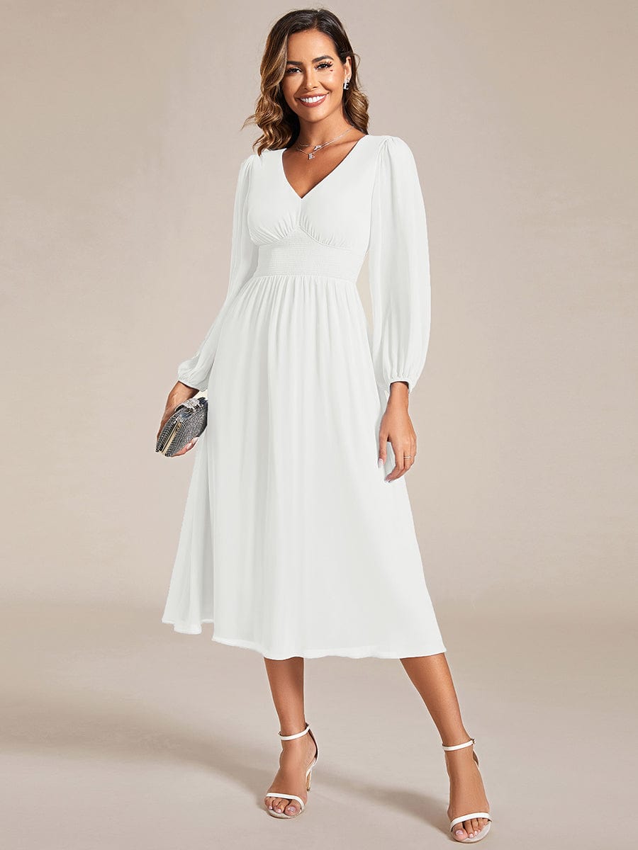Chiffon V-Neck Long Sleeves Elastic Band Midi Wedding Guest Dress Mother of the Bride Dresses