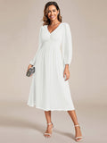 Chiffon V-Neck Long Sleeves Elastic Band Midi Wedding Guest Dress Mother of the Bride Dresses