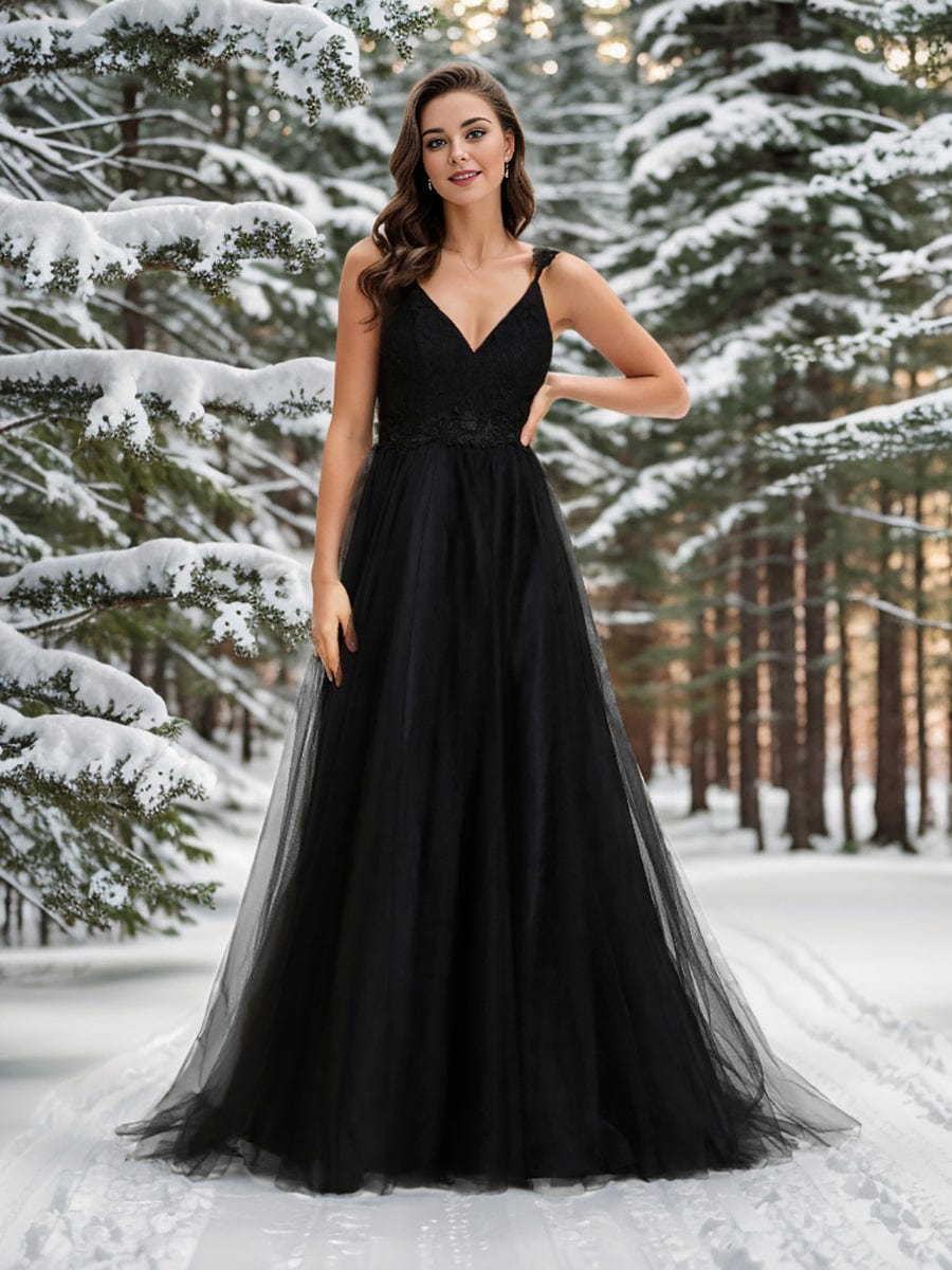 Benutzerdefinierte Größe Elegante V-Ausschnitt Spitze A-Linie Rückenfrei Tüll Brautkleid Brautkleider