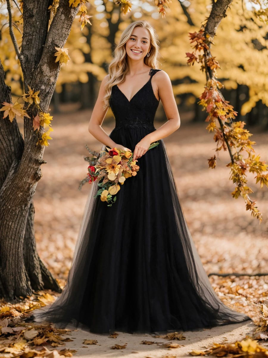 Benutzerdefinierte Größe Elegante V-Ausschnitt Spitze A-Linie Rückenfrei Tüll Brautkleid Brautkleider
