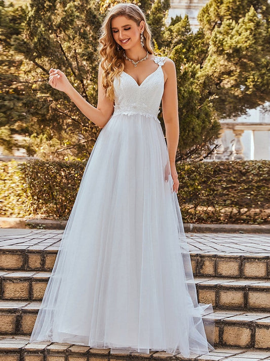 Benutzerdefinierte Größe Elegante V-Ausschnitt Spitze A-Linie Rückenfrei Tüll Brautkleid Brautkleider