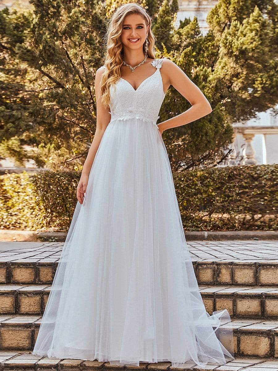Benutzerdefinierte Größe Elegante V-Ausschnitt Spitze A-Linie Rückenfrei Tüll Brautkleid Brautkleider