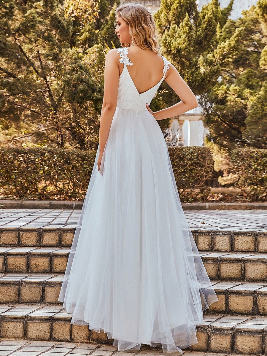 Benutzerdefinierte Größe Elegante V-Ausschnitt Spitze A-Linie Rückenfrei Tüll Brautkleid Brautkleider