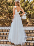 Benutzerdefinierte Größe Elegante V-Ausschnitt Spitze A-Linie Rückenfrei Tüll Brautkleid Brautkleider