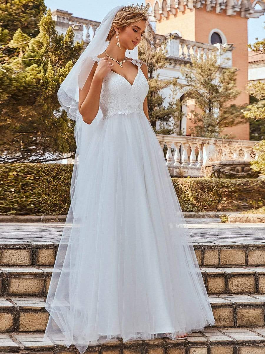 Benutzerdefinierte Größe Elegante V-Ausschnitt Spitze A-Linie Rückenfrei Tüll Brautkleid Brautkleider