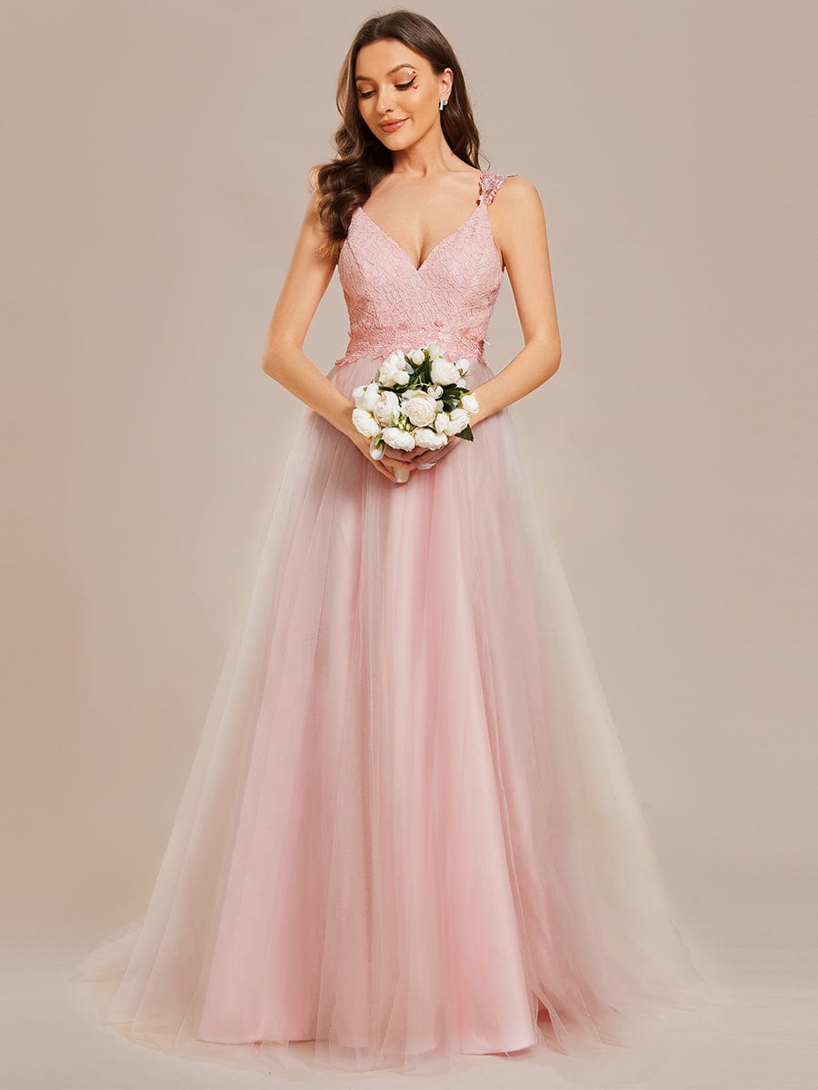 Benutzerdefinierte Größe Elegante V-Ausschnitt Spitze A-Linie Rückenfrei Tüll Brautkleid Brautkleider