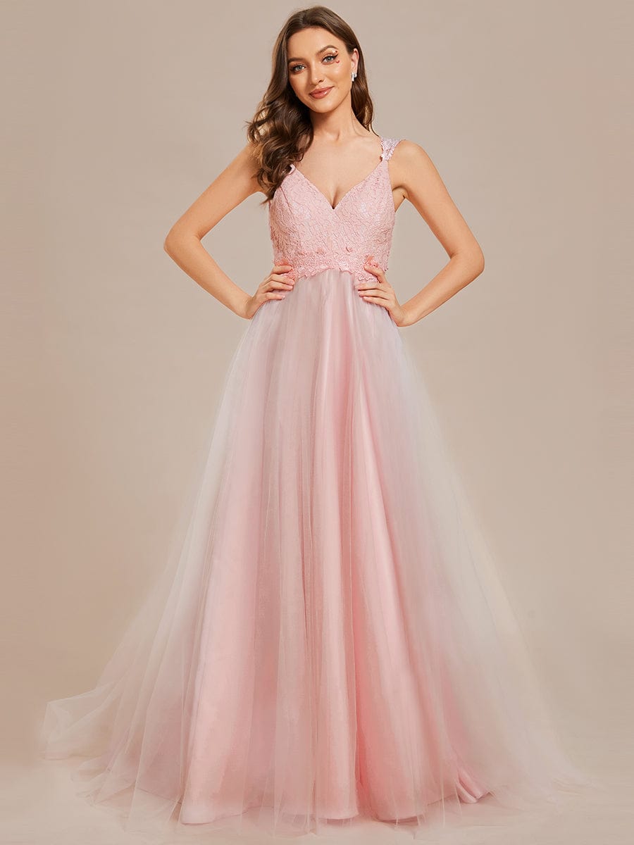 Benutzerdefinierte Größe Elegante V-Ausschnitt Spitze A-Linie Rückenfrei Tüll Brautkleid Brautkleider