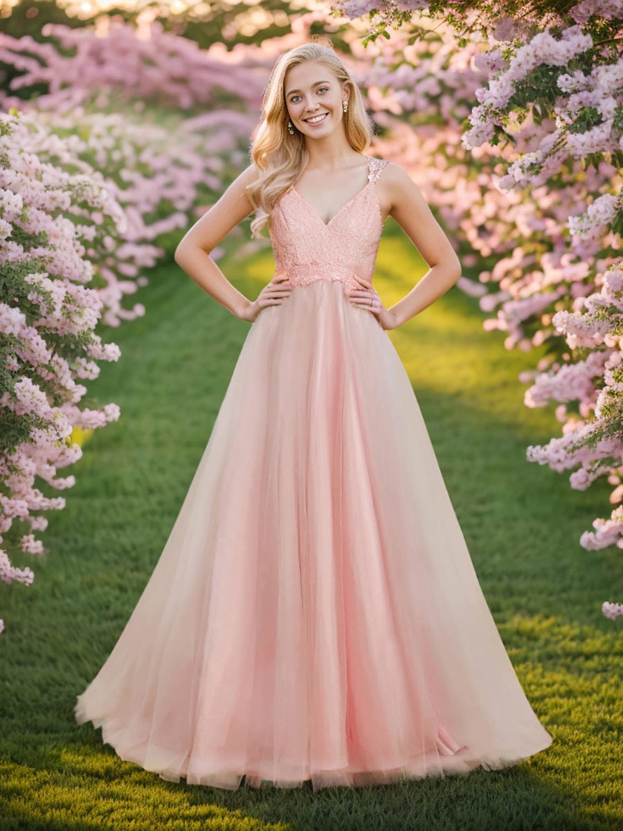 Benutzerdefinierte Größe Elegante V-Ausschnitt Spitze A-Linie Rückenfrei Tüll Brautkleid Brautkleider