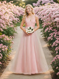 Benutzerdefinierte Größe Elegante V-Ausschnitt Spitze A-Linie Rückenfrei Tüll Brautkleid Brautkleider