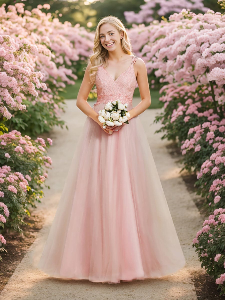 Benutzerdefinierte Größe Elegante V-Ausschnitt Spitze A-Linie Rückenfrei Tüll Brautkleid Brautkleider