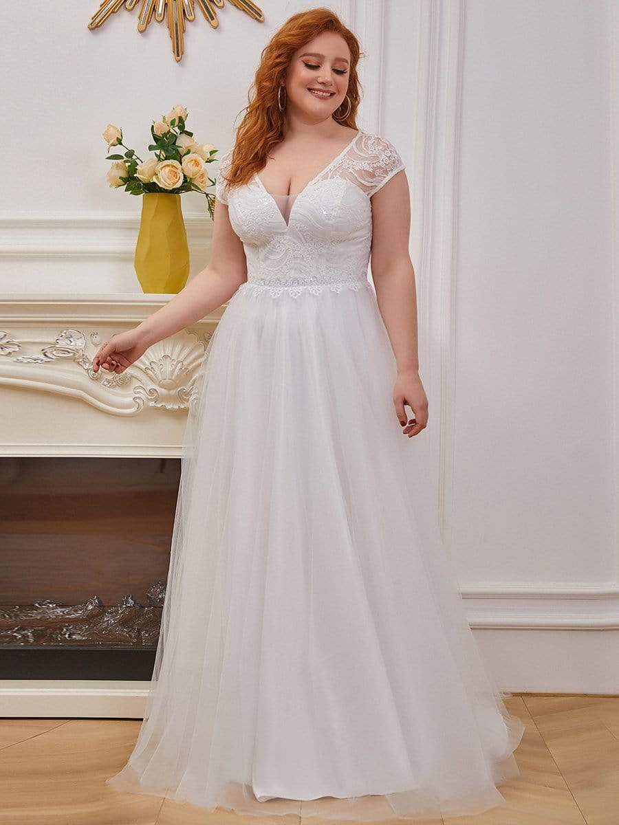 casual plus size wedding dresses with sleeves Plus Size A-line Wedding Dresses Half Sleeves V Neck Lace Applique Bridal Gowns