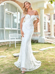 Schulterfreies Fit and Flare-Brautkleid mit floraler Spitze und Meerjungfrau-Brautkleider