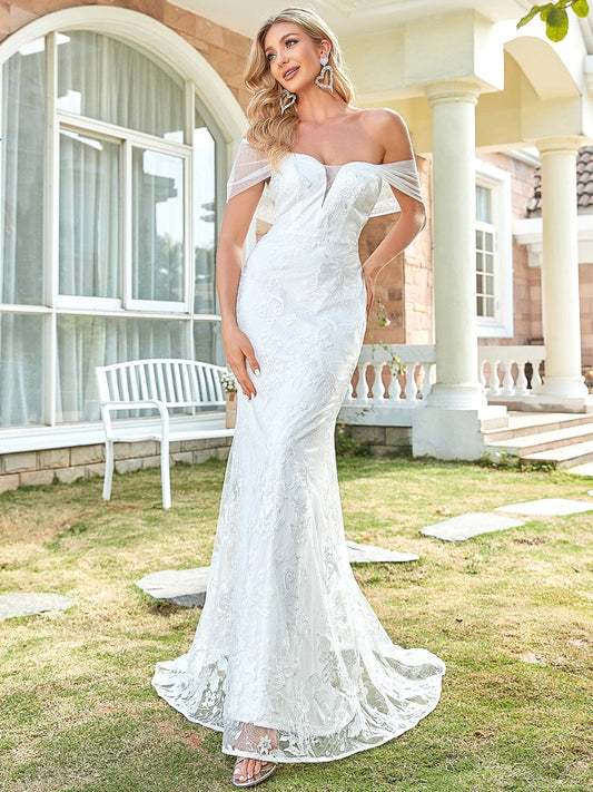 Schulterfreies Fit and Flare-Brautkleid mit floraler Spitze und Meerjungfrau-Brautkleider