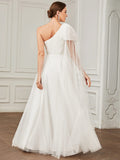 Asymmetrisches Brautkleid mit Bindeärmeln und enger Taille, mehrlagigem Tüll in A-Linie