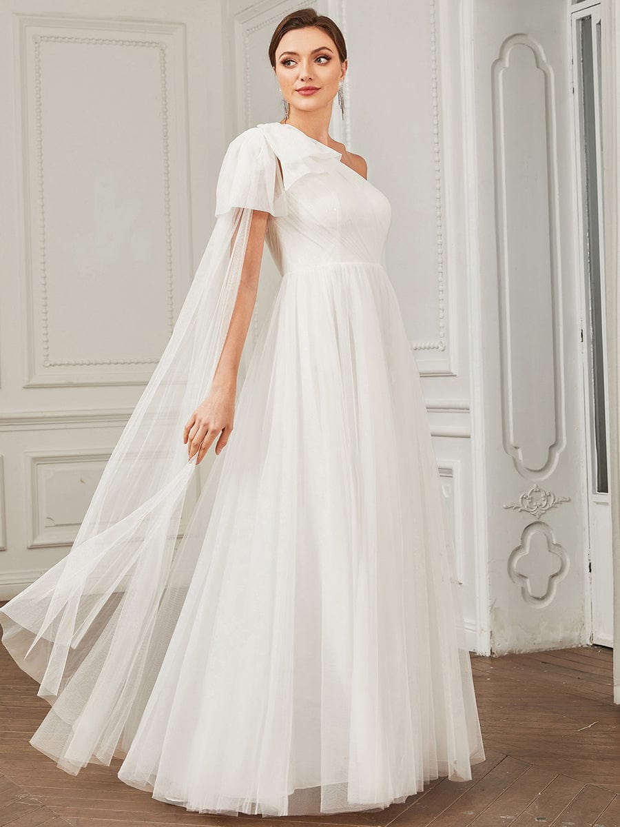 Asymmetrisches Brautkleid mit Bindeärmeln und enger Taille, mehrlagigem Tüll in A-Linie