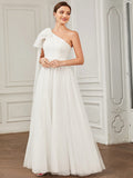 Asymmetrisches Brautkleid mit Bindeärmeln und enger Taille, mehrlagigem Tüll in A-Linie
