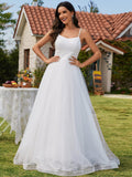 Klassisches, verstellbares Tüll-Brautkleid mit Spaghettiträgern und Paillettenkette in der Taille