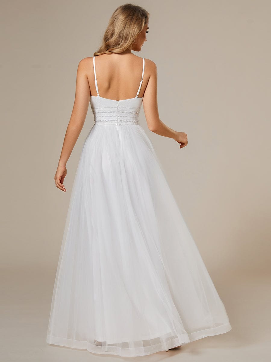 Klassisches, verstellbares Tüll-Brautkleid mit Spaghettiträgern und Paillettenkette in der Taille