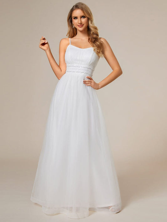 Klassisches verstellbares Spaghettiträger-Brautkleid aus Tüll mit Paillettenkette in der Taille