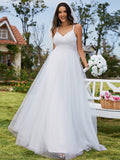 Zartes A-Linien-Brautkleid mit Spaghettiträgern und Schleife hinten und V-Ausschnitt