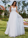Zartes A-Linien-Brautkleid mit Spaghettiträgern und Schleife hinten und V-Ausschnitt