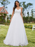 Zartes A-Linien-Brautkleid mit Spaghettiträgern und Schleife hinten und V-Ausschnitt