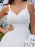 Zartes A-Linien-Brautkleid mit Spaghettiträgern und Schleife hinten und V-Ausschnitt