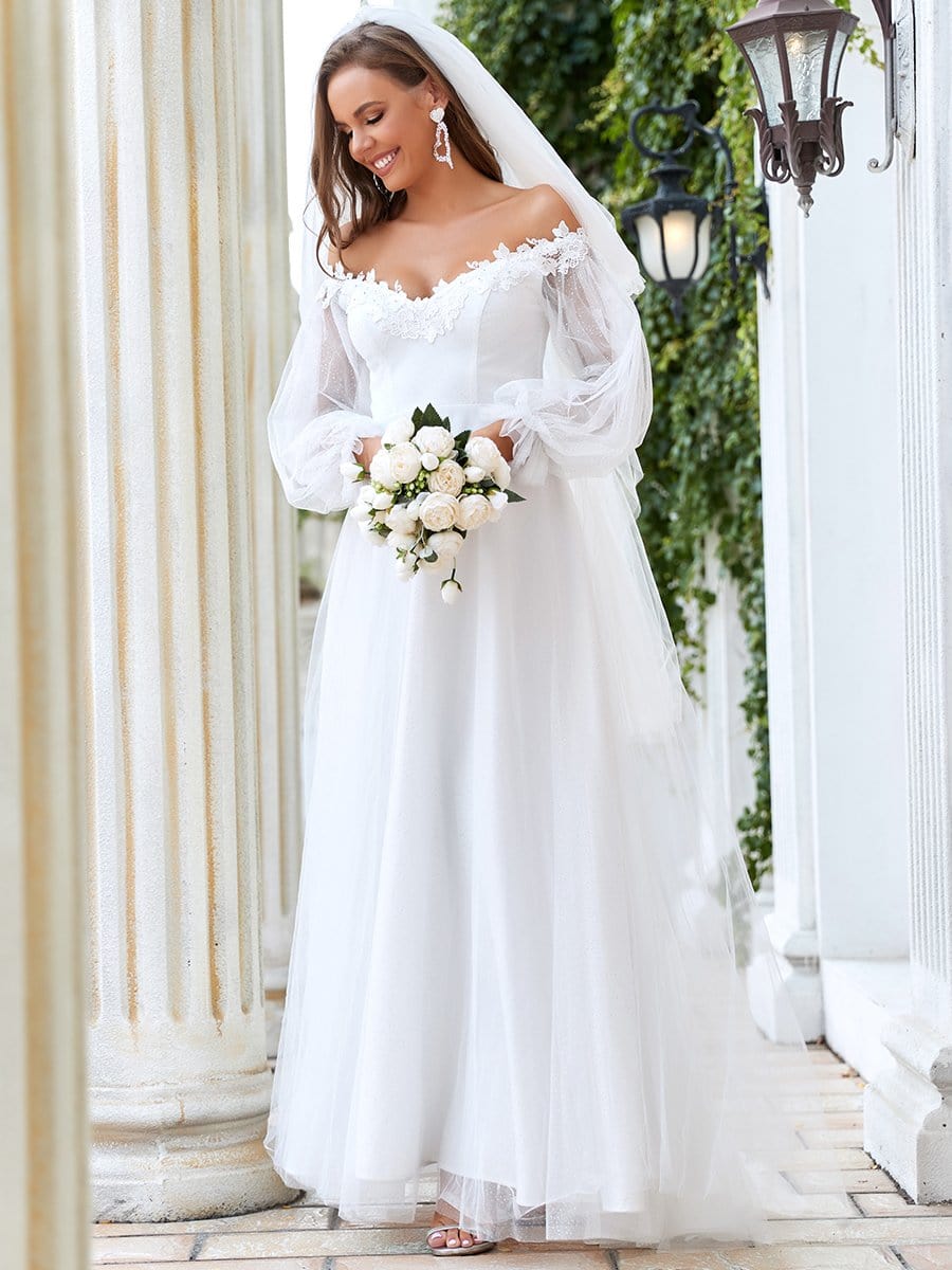 Benutzerdefinierte Größe bestickt Laterne Ärmel von der Schulter Maxi Brautkleid Brautkleider