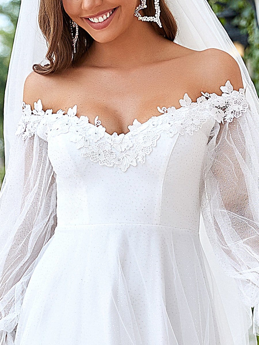 Benutzerdefinierte Größe bestickt Laterne Ärmel von der Schulter Maxi Brautkleid Brautkleider