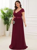 Elegant Lace V-Neck Short Sleeves Chiffon Mother of the Bride Dress Formal Evening Dresses