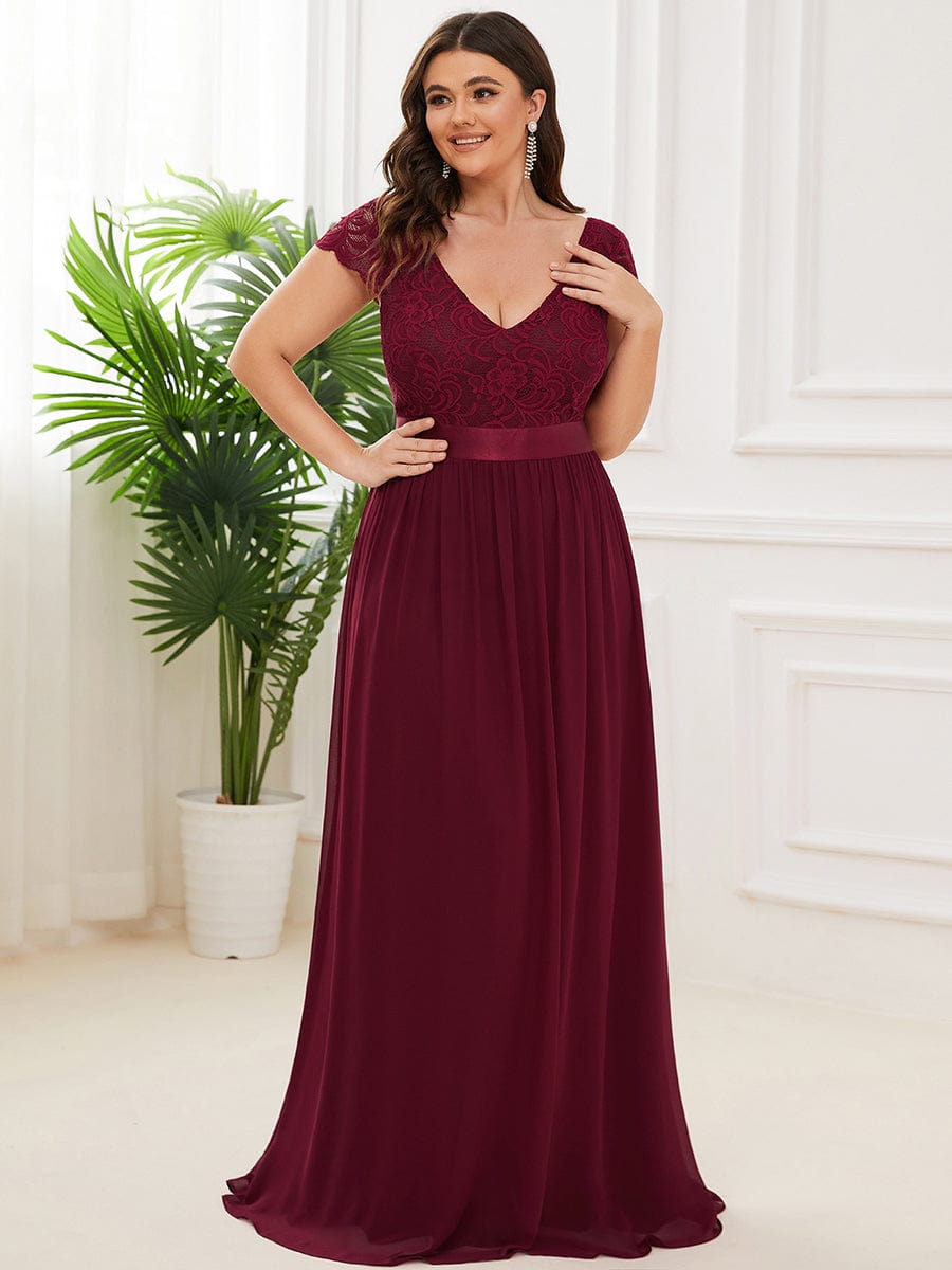 Elegant Lace V-Neck Short Sleeves Chiffon Mother of the Bride Dress Formal Evening Dresses