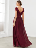 Elegant Lace V-Neck Short Sleeves Chiffon Mother of the Bride Dress Formal Evening Dresses