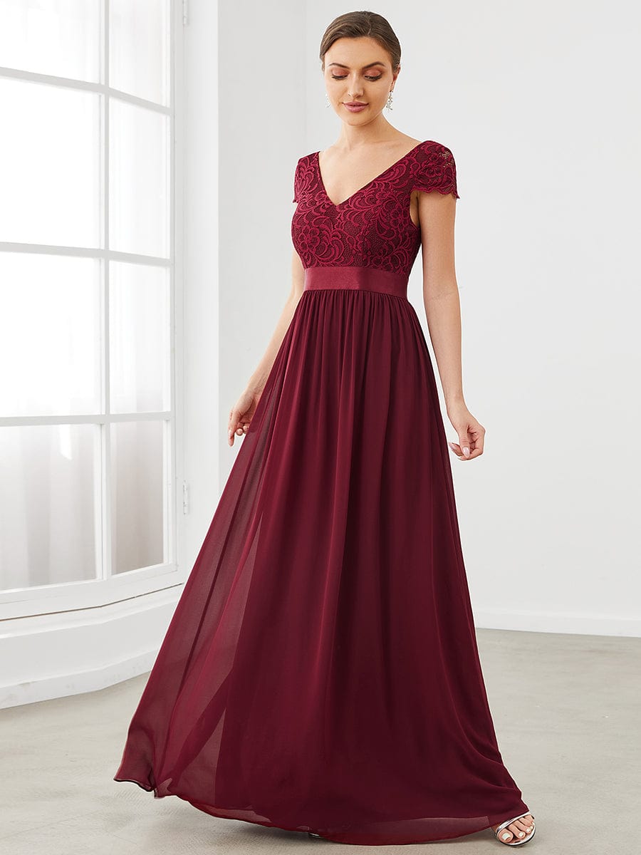 Elegant Lace V-Neck Short Sleeves Chiffon Mother of the Bride Dress Formal Evening Dresses
