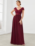 Elegant Lace V-Neck Short Sleeves Chiffon Mother of the Bride Dress Formal Evening Dresses
